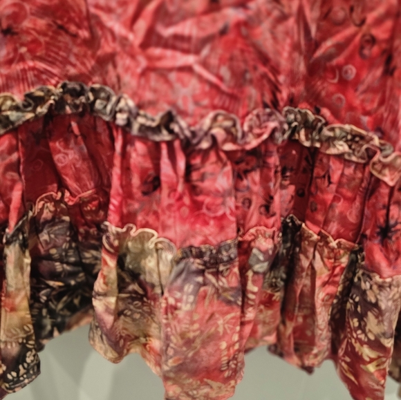 Frivolous Red Batik Sleeveless Dress M Handmade Rayon Ruffle Hem Boho - Picture 2 of 9